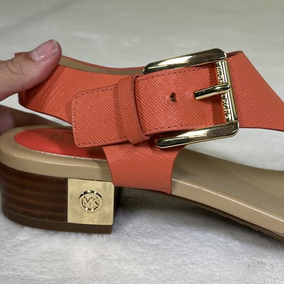 2pr Michael Kors London Thong Sandals TStrap Low Heel Leather Sz. 8 Blue & Coral - Picture 10 of 16